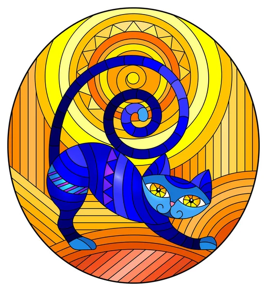 Ilustracja Stylu Witraża Abstrakcyjnym Geometrycznym Niebieskim Kotem Słońcem Abstrakcyjnym Pomarańczowym — Wektor stockowy