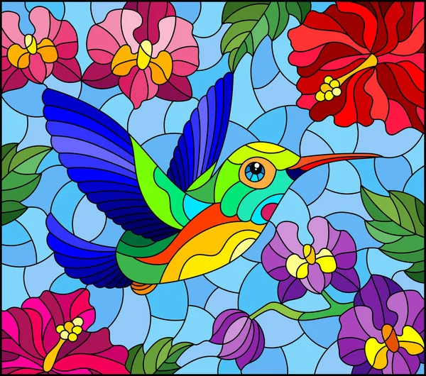Ilustração Estilo Vitral Com Pássaro Hummingbird Brilhante Fundo Céu Flores —  Vetores de Stock