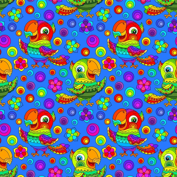 Seamless Pattern Bright Parakeets Flowers Stained Glass Style Blue Background — Stock Vector