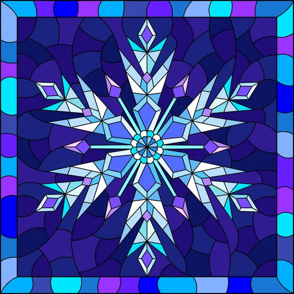 Illustration Stained Glass Style Openwork Snowflake Blue Background Square Image — Stock Vector