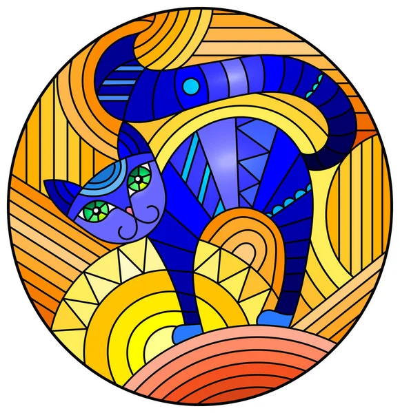 带有抽象几何蓝猫和太阳在抽象橙色背景上的椭圆图像的彩色玻璃样式图解 — 图库矢量图片