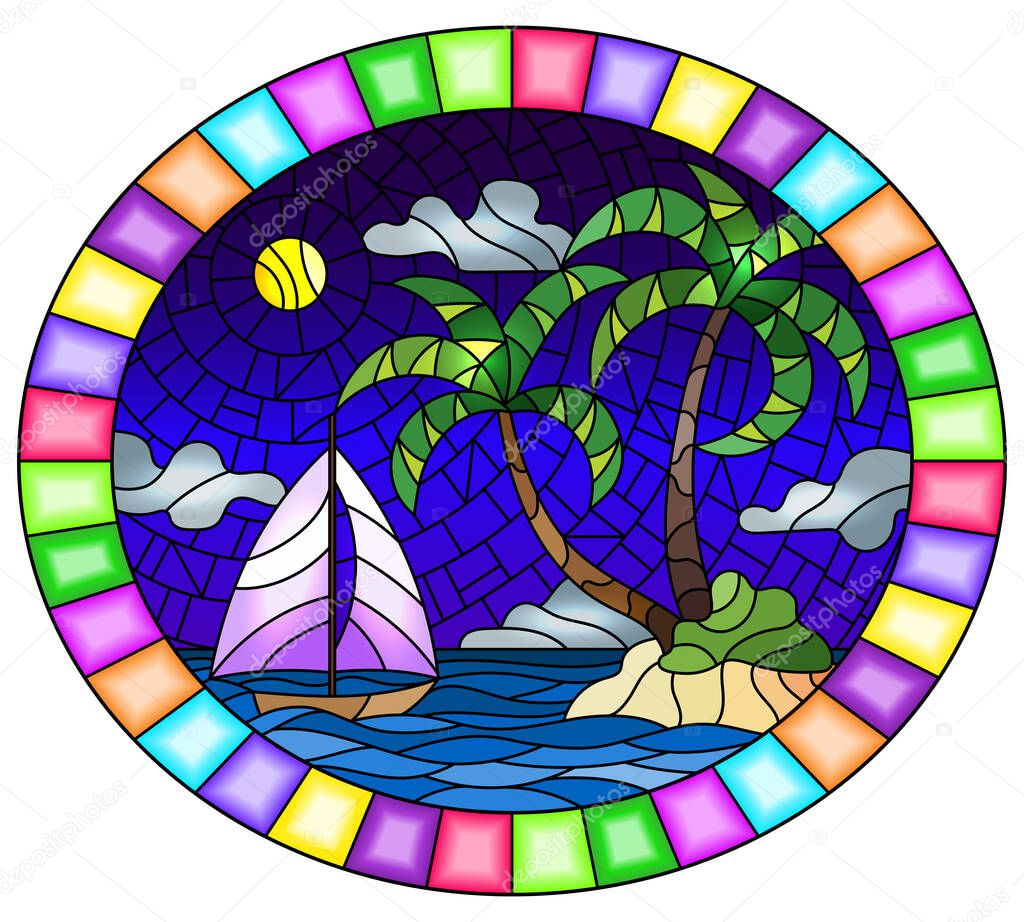 Illustration in stained glass style with a tropical sea landscape, coconut trees  on the sandy beach and a ship on a background of night sky , oval image in bright frame