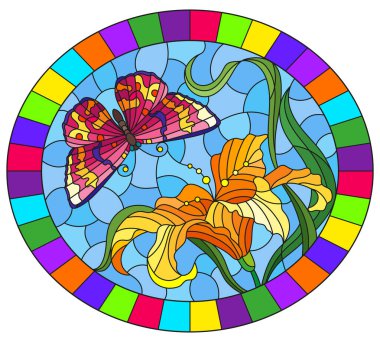 Turuncu bir Lily çiçeği ve mavi bir gökyüzü arka planında parlak pembe bir kelebek, parlak bir çerçevede ovql görüntü ile boyalı cam bir resim.
