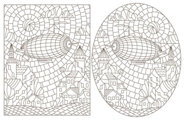 Bulutlu gökyüzüne ve güneşe karşı şehrin üzerinde uçan balonlar ve beyaz arkaplan üzerinde koyu renkli çizgiler olan boyalı cam şekilli çizimler.