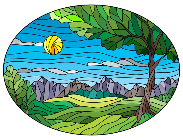 Иллюстрация Витражном Стиле Летним Пейзажем Зеленым Деревом Фоне Полей Гор — стоковый вектор
