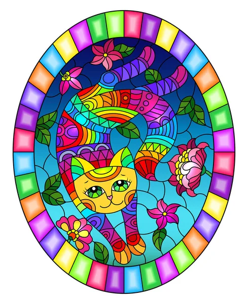 Ilustración Estilo Vidriera Con Lindo Gato Arco Iris Sobre Fondo — Vector de stock