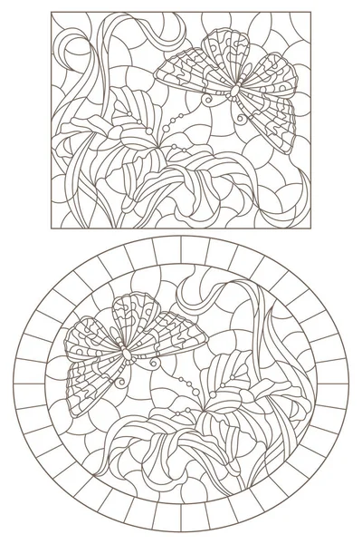 Set Illustrazioni Contorno Vetrate Con Gigli Farfalle Contorni Scuri Sfondo — Vettoriale Stock