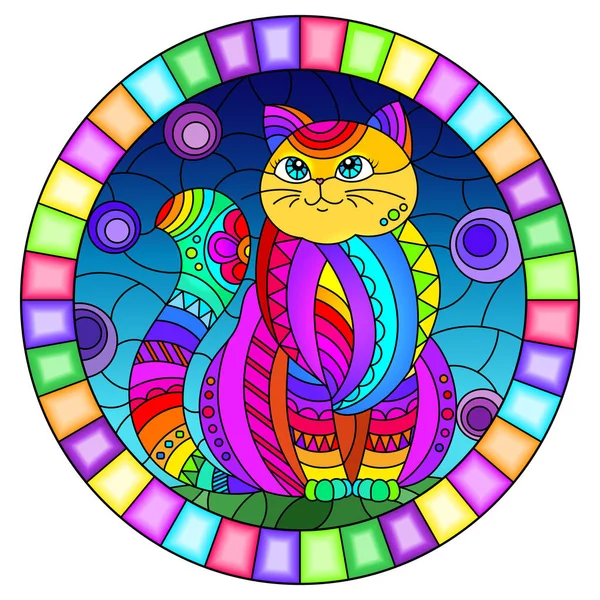 Illustration Stained Glass Style Abstract Cute Rainbow Cat Sky Background — Stock Vector