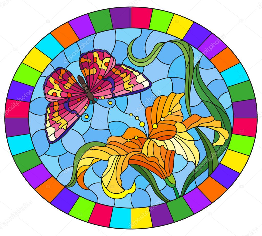 Illustration in stained glass style with a orange Lily flower and a bright pink  butterfly on a blue sky background, ovql image in a bright frame