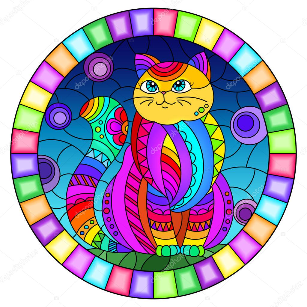 Illustration in stained glass style with abstract cute rainbow cat on a sky  background, oval image in bright frame