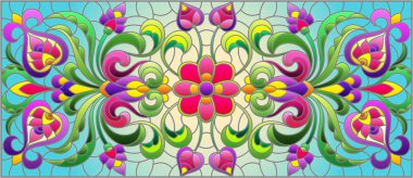 Mavi arka planda soyut girdaplar, çiçekler ve yapraklar ile boyalı cam tarzında resim, yatay yönelim