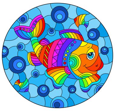 Mavi arka planda gökkuşağı renkli komik bir karikatür balığıyla renklendirilmiş cam bir illüstrasyon.
