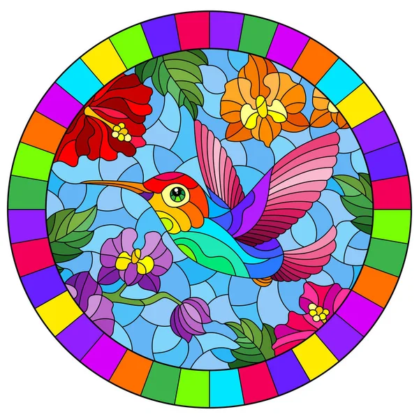 Ilustracja Stylu Witrażu Jasnym Kolibra Ptaka Tle Nieba Kwiaty Storczyków — Wektor stockowy