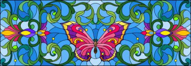 Parlak bir kelebek, çiçekler ve mavi bir arka planda girdaplar ve yatay bir illüstrasyonla boyalı cam tarzı bir resim.