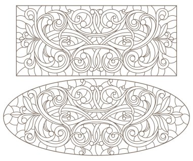 Soyut girdaplar ve çiçekler, yatay yönelim, beyaz arkaplan üzerindeki koyu hatlar ile renklendirilmiş camların çizimlerini ayarla