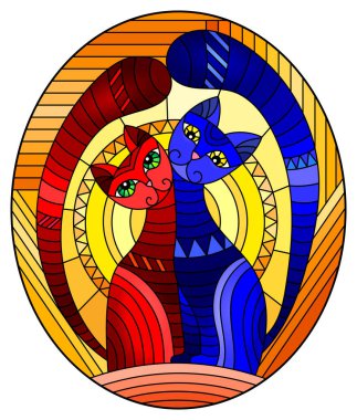 Bir çift soyut geometrik kedinin, turuncu arka planda güneşli, oval görüntülü, boyalı cam tarzında resmedilmesi