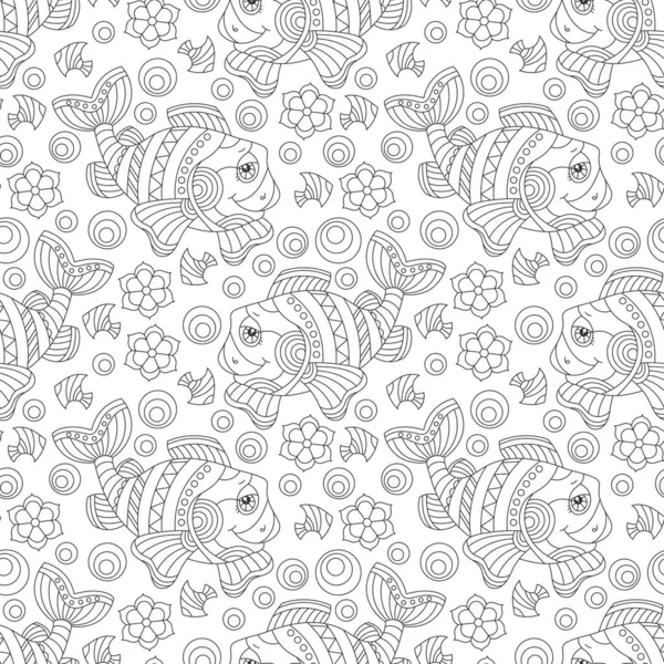 Nahtloses Muster Mit Lustigen Fischen Und Blumen Aus Cartoon Dunklen — Stockvektor