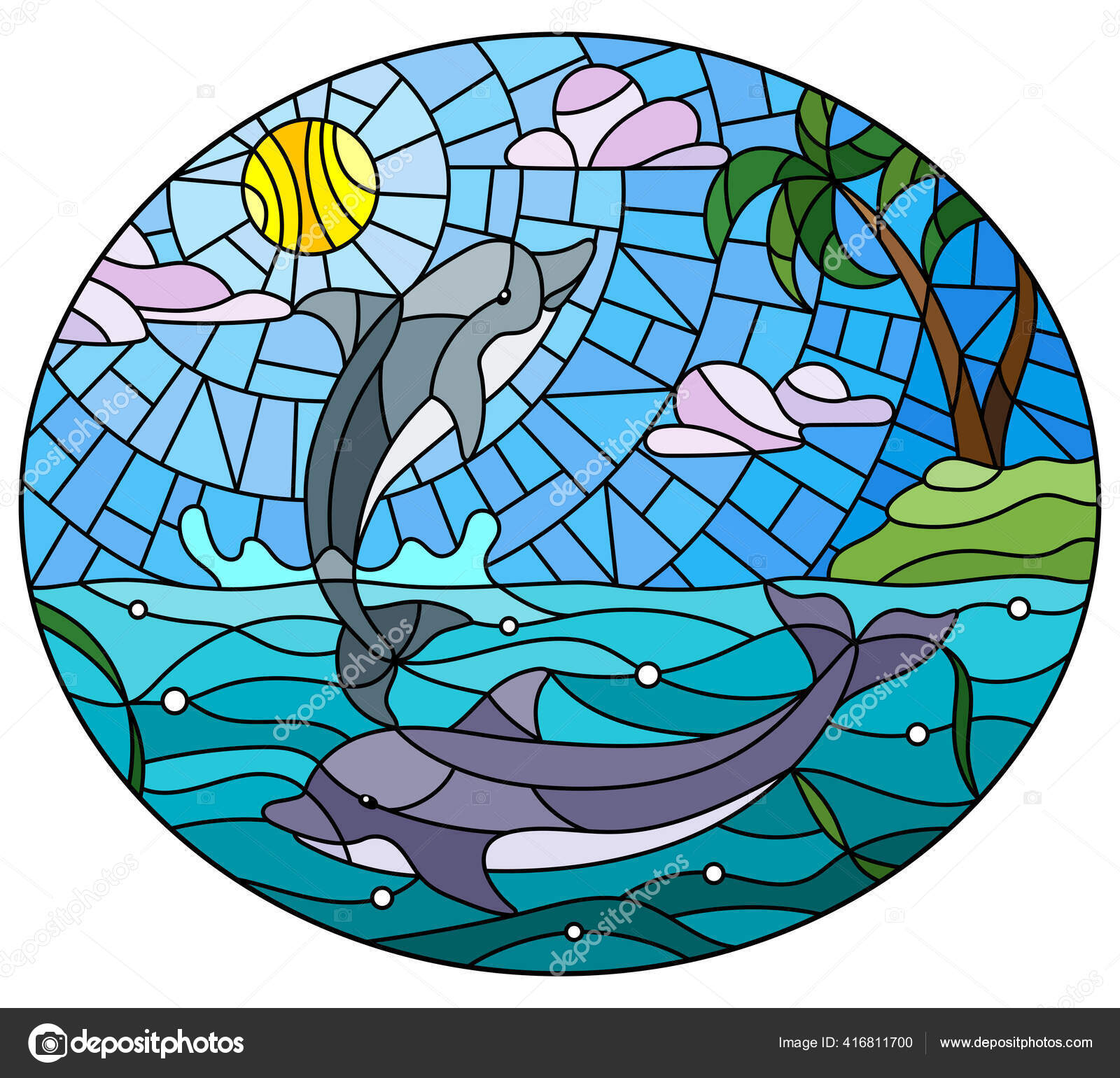晴れた空と海の背景にイルカのペアとステンドグラスのイラスト 楕円形の画像 ストックベクター ©Zagory 416811700