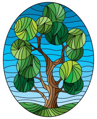 Mavi gökyüzünün arka planında soyut yeşil bir ağaç olan boyalı cam tarzı bir resim, oval resim