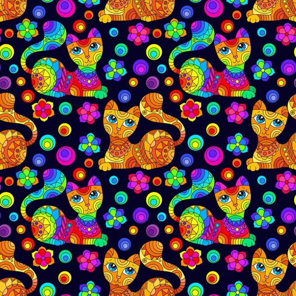 Nahtloses Muster Mit Hellen Katzen Und Blumen Glasmalereistil Auf Dunklem — Stockvektor