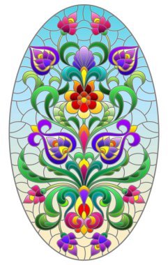 Mavi arka planda soyut girdaplar, çiçekler ve yapraklar, dikey yönelim, oval görüntü ile boyalı cam tarzında resimleme