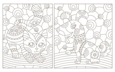 Soyut bir zemin üzerinde kedi yavrusu ve köpek yavrusu olan boyalı cam pencere tarzında şekiller, dikdörtgen görüntüler, beyaz arka planda koyu çizgiler.