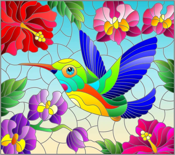 Ilustracja Stylu Witrażu Jasnym Ptakiem Kolibra Tle Nieba Kwiatów Storczyków — Wektor stockowy