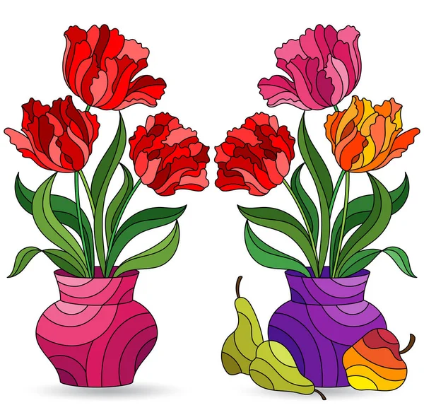 花静物のステンドグラス風イラストセット 白地に孤立した花瓶のチューリップ — ストックベクタ