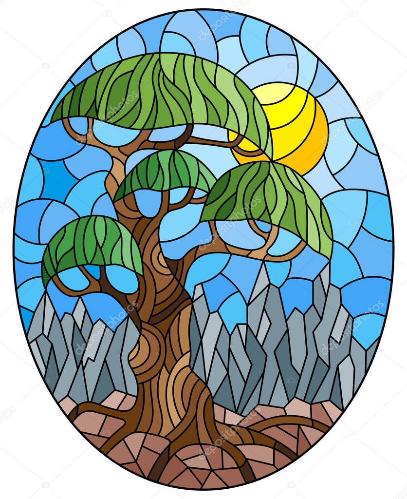 Illustration in the stained glass style with an abstract tree on a Sunny sky background and mountains, round image