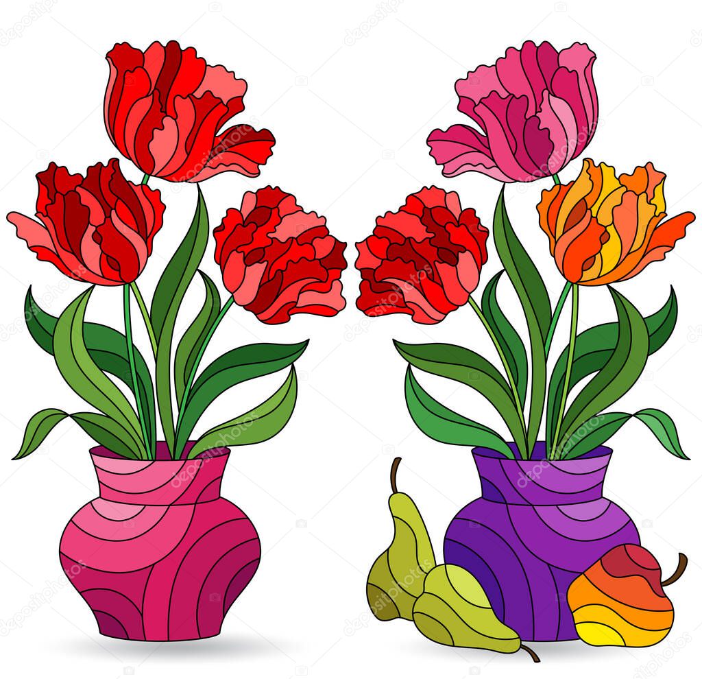 Set of illustrations in stained glass style with floral still lifes, Tulips flowers in vases isolated on a white background