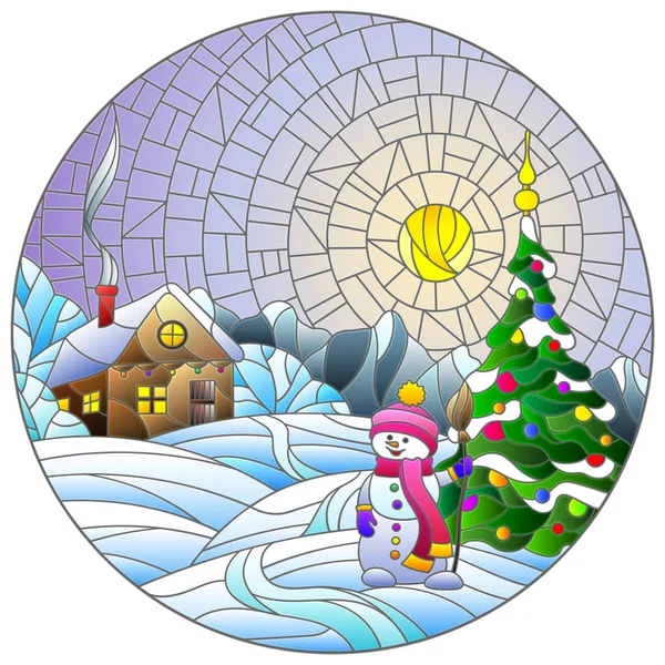 Ілюстрація Вітражному Стилі Різдвяним Пейзажем Сільським Будинком Ялинкою Сніговиком Сніговому — стоковий вектор