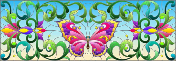 色彩斑斓的玻璃窗画图 有明亮的蝴蝶 蓝色背景上的花朵和漩涡 水平画图 — 图库矢量图片