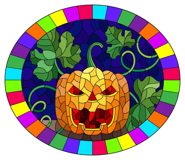 Illustration Glasmalerei Zum Thema Des Halloween Feiertags Ein Kürbis Mit — Stockvektor