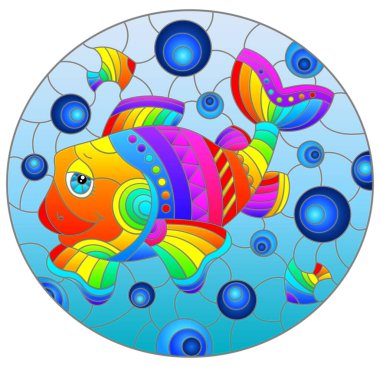 Mavi arka planda gökkuşağı renkli komik bir karikatür balığıyla renklendirilmiş cam bir illüstrasyon.