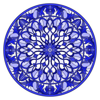 Soyut çiçekleri, açık arkaplanda girdapları ve yaprakları, çerçevede yuvarlak resmi, ton mavisi