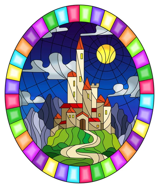 Ilustração Paisagem Estilo Vitral Com Castelo Velho Fundo Céu Noturno — Vetor de Stock