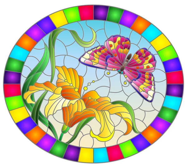 Ilustración Estilo Vitral Con Una Flor Lirio Naranja Una Mariposa — Vector de stock