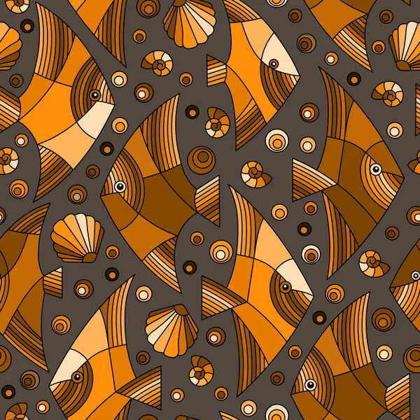 Geometrik Balık Kabuklu Deniz Temalı Kusursuz Desen Ton Kahverengi Sepia — Stok Vektör