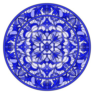 Soyut çiçekleri, açık arkaplanda girdapları ve yaprakları, çerçevede yuvarlak resmi, ton mavisi