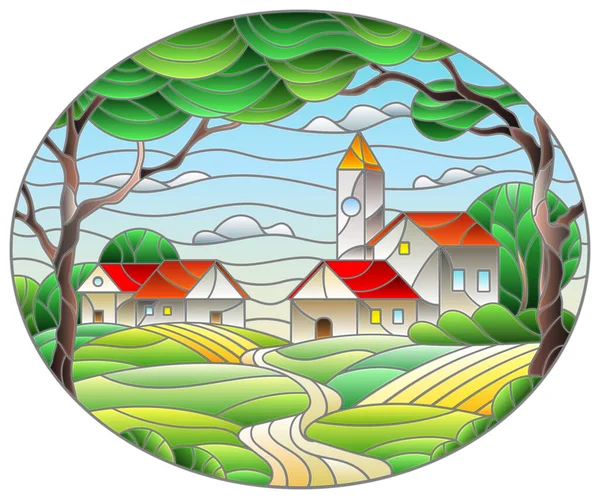 Ilustración Estilo Vitral Con Paisaje Ciudad Rural Sobre Fondo Campos — Archivo Imágenes Vectoriales