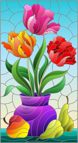 Ilustracja Witrażu Kwiatową Martwą Naturą Wazon Jasnymi Tulipanami Gruszkami Jabłkiem — Wektor stockowy