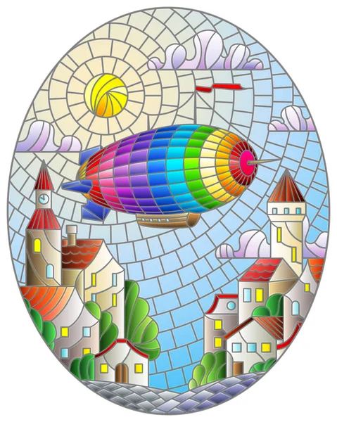 Ilustración Estilo Vidriera Con Globo Arco Iris Brillante Volando Sobre — Archivo Imágenes Vectoriales