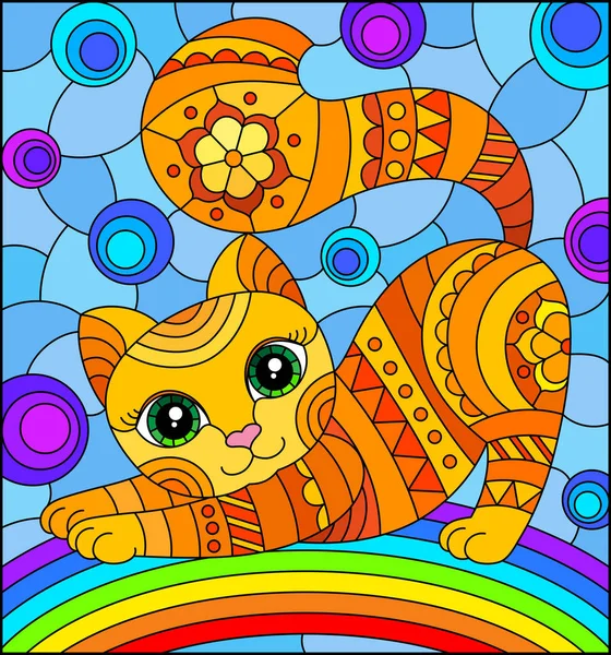空と虹を背景にかわいい漫画の赤い子猫とステンドグラスのスタイルでイラスト — ストックベクタ