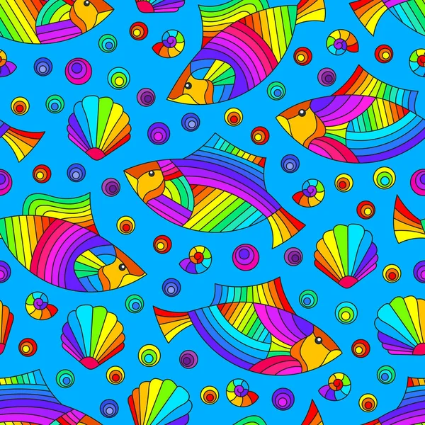 Seamless Pattern Marine Theme Bright Rainbow Fish Shells Bright Fish — Stock Vector