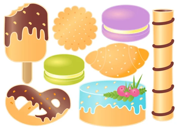 Conjunto de dulces. Croissant, Pretzel, Cupcake, Helado, Macarrones, Dulce bistec, Galleta . — Vector de stock