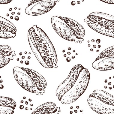 Vektör el çekilmiş Dikişsiz desen sosisli sandviç. Doodle illüstrasyon fast food. Beyaz izole. Restoran, menü, sokak gıda, pastane, kafeterya, el ilanı için