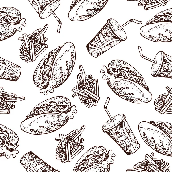 Vector seamless pattern of hot dog, french fries and soda drink . Fast food doodle background. American food isolated on white. For identify the restaurant, packaging, menu design, fabric texture.