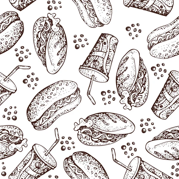 Vector Hand Drawn Seamless Pattern Hot Dog Soda Doodle Illustration — Stock Vector