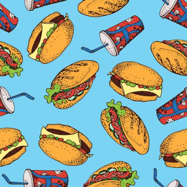 Vektör seamless modeli, sosisli sandviç, hamburger andfrench patates kızartması. Fast food çizgi film arka plan. Amerikan Mutfagi. Restoran, ambalaj, menü tasarımı, kumaş dokusu için tanımlamak.