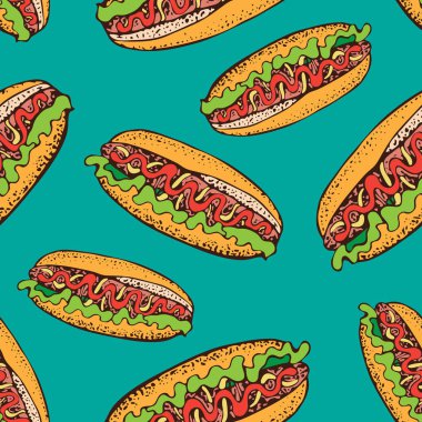 Vektör seamless modeli, sosisli sandviç sosis alır. Fast food illüstrasyon karikatür. Amerikan Mutfagi. Restoran, menü, sokak gıda, pastane, kafeterya, el ilanı için